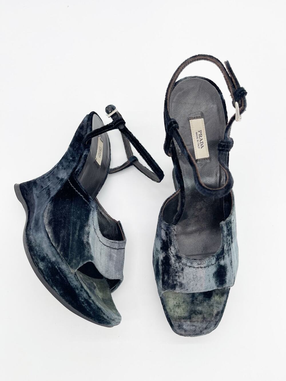 Prada Vintage Fall 2004 Runway Blue Velvet Sculptural Wedge Sandals IT 38.5